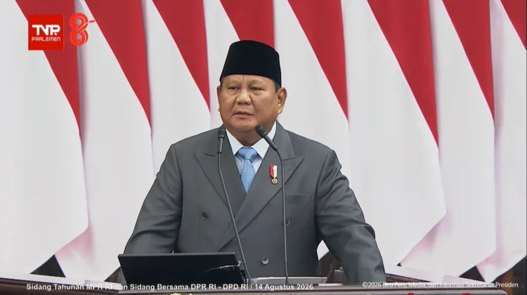 Presiden Prabowo Subianto dalam Sidang Tahunan MPR dan Sidang Bersama DPR-DPD Tahun 2026 di Kompleks Parlemen, Jakarta, Jumat 14 Agustus 2026 (Foto:Tangkap layar Youtube/Sekretariat Presiden)